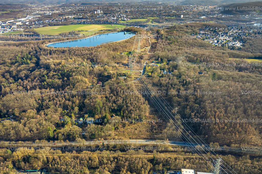 Herdecke260304019 | Luftbild, Stromtrasse Überlandleitung, RWE Pumpspeicherbecken Herdecke, Hochbecken am Koepchenwerk, Herdecke, Ruhrgebiet, Nordrhein-Westfalen, Deutschland