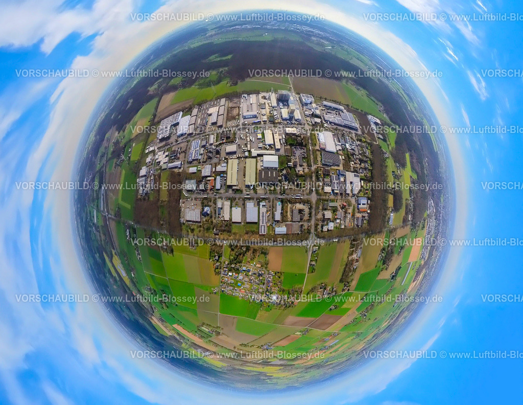 Wesel240390055GewerbegebietAmSchornacker | Luftbild, Gewerbegebiet AmSchornacker, umgeben von Wiesen und Feldern, Erdkugel, Fisheye Aufnahme, Fischaugen Aufnahme, 360 Grad Aufnahme, tiny world, little planet, fisheye Bild, Wittenberg, Wesel, Nordrhein-Westfalen, Deutschland
