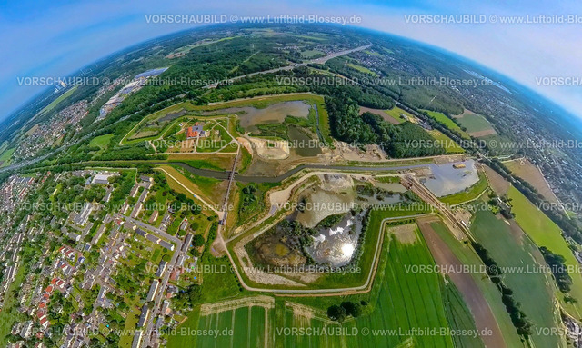 Castrop-Rauxel240590414RegenrueckhaltebeckenEmscherMengede | Luftbild, Hochwasserrückhaltebecken Mengede / Emscher-Auen, Hof Emschertal, am Autobahndreieck Dortmund-Nordwest Mengede der Autobahn A45 und Autobahn A2, Verkehrssituation, Erdkugel, Fisheye Aufnahme, Fischaugen Aufnahme, 360 Grad Aufnahme, tiny world, little planet, fisheye Bild, Ickern, Castrop-Rauxel, Ruhrgebiet, Nordrhein-Westfalen, Deutschland