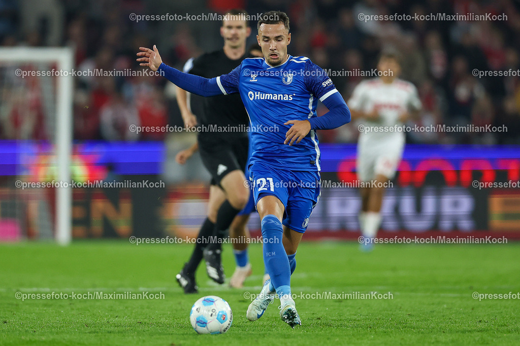 Koe14092402158 | 14.09.2024, 2. Fußball Bundesliga, 1. FC Köln - 1. FC Magdeburg, RheinEnergieSTADION, Saison 2024 2025: Falko Michel (1.FC Magdeburg #21)DFB regulations prohibit any use of photographs as image sequences and or quasi-video.