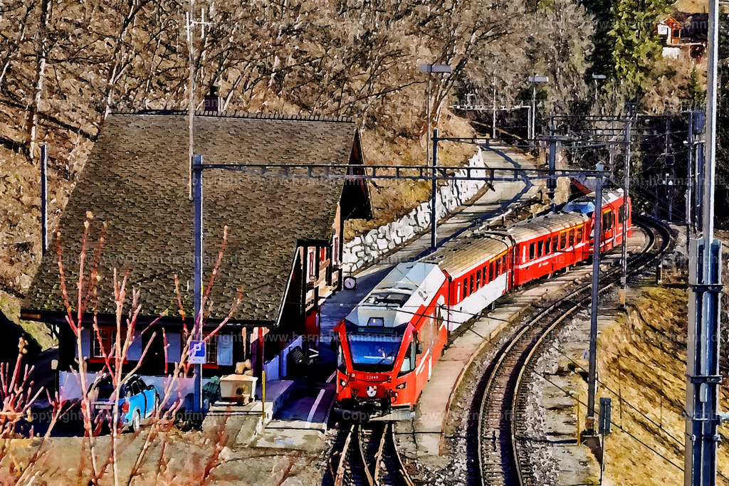 PAD2_RH_Bahnhof-Luen_RhB_120x80 | DIGITALKUNST. Rhätische Bahn am Bergbahnhof Lüen-Castiel. __ Das historische Bahnhofsgebäude der RhB steht in Lüen in der Region Arosa. __ Das Basisfoto für dieses malerisch verwandelte Werk hat der Schweizer Hobbyfotograf Rene Hinder gemacht und es Bernt Hoffmann für dessen Kunstpart zur Verfügung gestellt. __ Seitenverhältnis = 3 zu 2 - Realisiert mit Pictrs.com