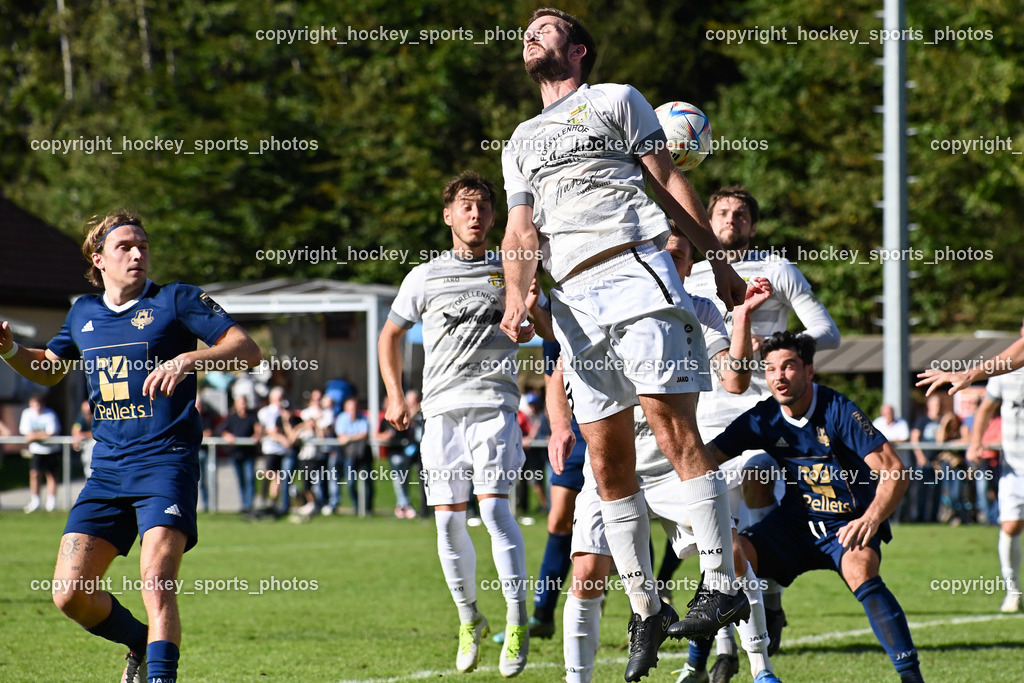 ATUS Velden vs. ASKÖ Köttmannsdorf 7.10.2023 | #10 Lukas Lausegger ATUS Velden, #9 Adrian Stroj Köttmannsdorf,  #3 Fabian Janschitz Köttmannsdorf, #5 Roland Putsche ATUS Velden, ATUS Velden vs. ASKÖ Köttmannsdorf 7.10.2023, ATUS Velden vs. ASKÖ Köttmannsdorf am 07.10.2023 in Velden (Wald Arena Velden), Austria, (Photo by Bernd Stefan)
