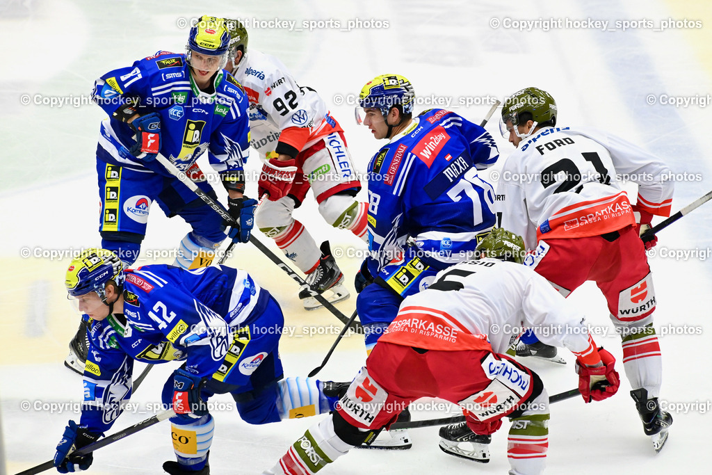 EC IDM Wärmepumpen VSV vs. HC Bozen 19.9.2023 | #42 LANZINGER Benjamin, #81 RICHTER Marco, #78 MAXA Felix, #92 Thomas Christian, #21 Ford Connor, #6 Lessio Lucas, win2day icehockeyleague, EC IDM Wärmepumpen - HC Bozen  am 19.09.2023 in Villach (Stadhalle Villach), Austria, (Photo by Bernd Stefan)