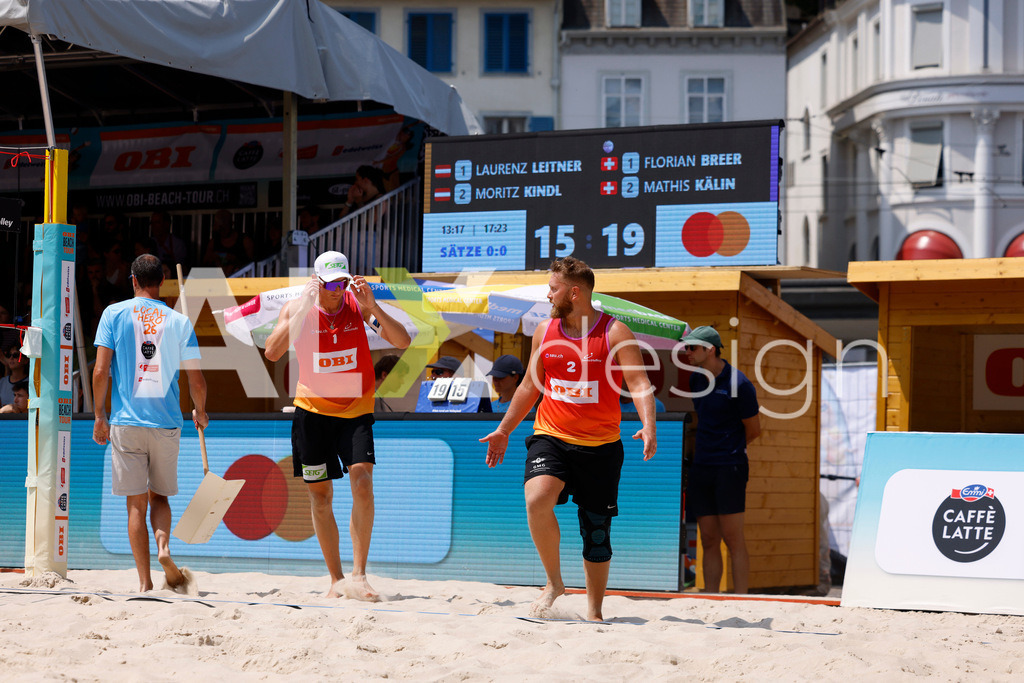 Obi BeachTour 2026 - Basel | BASEL, SWITZERLAND - JULY 19: LAURENZ LEITNER (AUT) and MORITZ KINDL (AUT) during the Obi BeachTour 2026 match between LEITNER / KINDL (AUT) and BREER / KÄLIN (SUI) at Barfüsserplatz on July 19, 2026 in Basel, Switzerland. - Realisiert mit Pictrs.com