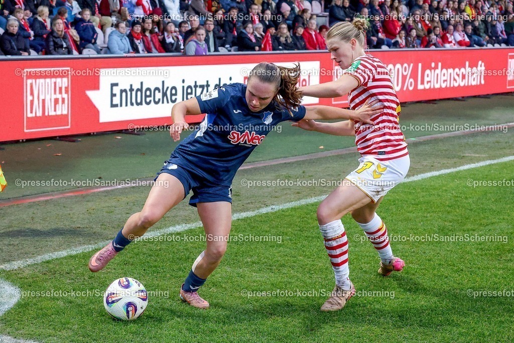 xSSCx09112501012 | 09.11.2025, xsscx, Frauen Fussball, 1. FC Koeln - TSG 1899 Hoffenheim, 1. Fuﬂball Bundesliga, 10. Spieltag, Franz-Kremer-Stadion, Saison 2025 2026: Marie Steiner (TSG Hoffenheim #19) im Zweikampf gegen Anna-Lena Stolze (1. FC Koeln #07) DFB regulations prohibit any use of photographs as image sequences and or quasi-video.