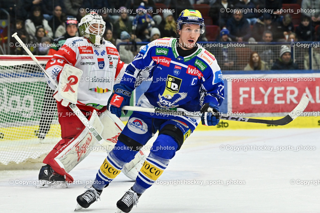 EC IDM WÄRMEPUMPEN VSV vs. HCB Südtirol Alperia | #77 Philipp Lindner EC VSV, #38 Samuel Harvey HCB Südtirol Alperia, EC IDM WÄRMEPUMPEN VSV vs. HCB Südtirol Alperia, EC IDM WÄRMEPUMPEN VSV vs. HCB Südtirol Alperia am 28.12.2025 in Villach (Stadthalle Villach), Austria, (Photo by Bernd Stefan)