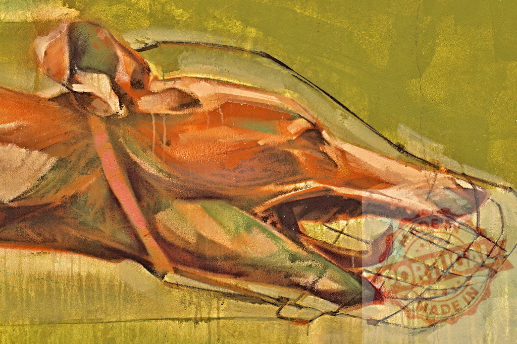 Racing greyhound wearing muzzle panting after running competition | Dynamic painting of a racing greyhound wearing a muzzle, panting heavily after a race, capturing the intensity and exhaustion of canine athletes - Realized with Pictrs.com