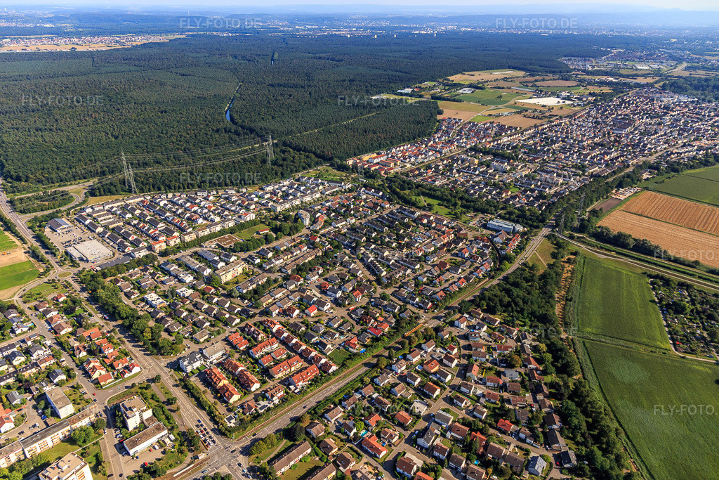 Luftbild: Viermorgen im Ortsteil Eggenstein in Eggenstein-Leopoldshafen im Bundesland Baden-Württemberg in Deutschland. Foto: IMG_128342.jpg vom 12.08.2021 durch Werner Riehm/FLY-FOTO.de