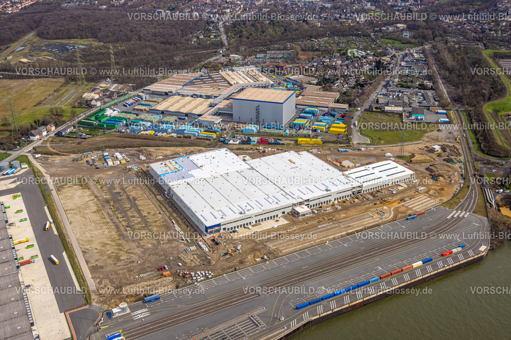 Duisburg230301233 | Luftbild, logport VI, Baustelle mit Neubau am STEAG Kraftwerk Walsum am Fluss Rhein, Alt-Walsum, Duisburg, Ruhrgebiet, Nordrhein-Westfalen, Deutschland