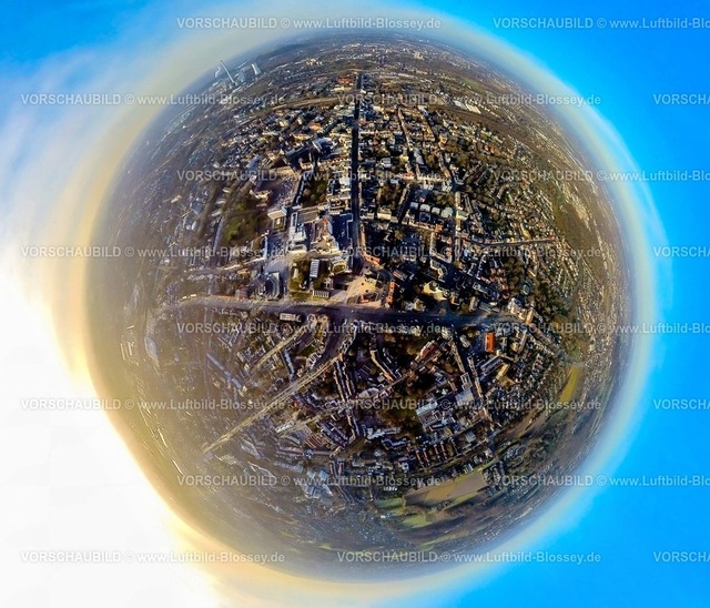 Herne240190104BahnhofstrasseSodingerStrasse | Luftbild, City Innenstadt Sodinger Straße und Europaplatz mit Kreuzkirche, Wohngebiet und Geschäftsviertel, Erdkugel, Fisheye Aufnahme, Fischaugen Aufnahme, 360 Grad Aufnahme, tiny world, little planet, fisheye Bild, Herne-Mitte, Herne, Ruhrgebiet, Nordrhein-Westfalen, Deutschland