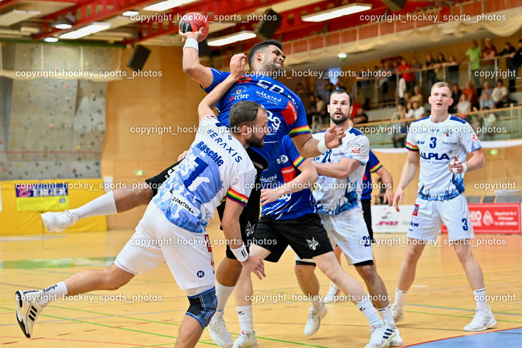 SC Ferlach vs. ALPA HC Hard | #7 RASCHLE Luca HC Hard, #50 GONZALEZ-MARTINEZ Adonis,#22 BABIC Dejan HC Hard, #3 Antanavicius Karolis HC Hard, SC Ferlach vs. ALPA HC Hard, SC Ferlach vs. ALPA HC Hard am 30.04.2024 in Ferlach (Ballspielhalle Ferlach), Austria, (Photo by Bernd Stefan)