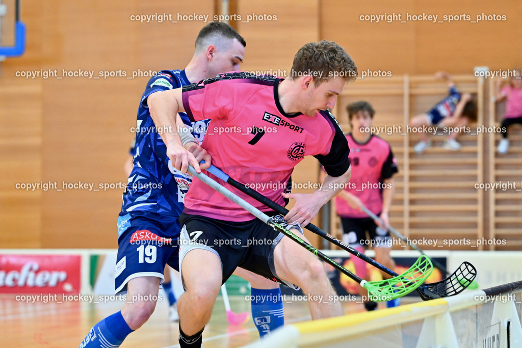 VSV Unihockey vs. Wiener Floorball Verein | #7 SCHEIDL Peter Wiener Floorballverein, #19 Philipp Seiser VSV Unihockey, VSV Unihockey vs. Wiener Floorball Verein, VSV Unihockey vs. Wiener Floorball Verein am 18.05.2025 in Villach (Ballspielhalle St. Martin), Austria, (Photo by Bernd Stefan)