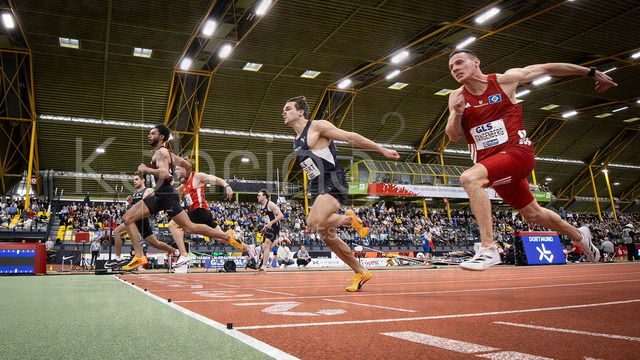Deutsche Leichtathletik-Hallenmeisterschaften; Dortmund, 28.02.2026 | Joshua Hartmann (ASV Köln, 315) beim 60m-Vorlauf beim Überqueren der Ziellinie; Deutsche Leichtathletik-Hallenmeisterschaften am 28.02.2026 in der Helmut-Körnig-Halle in Dortmund. 