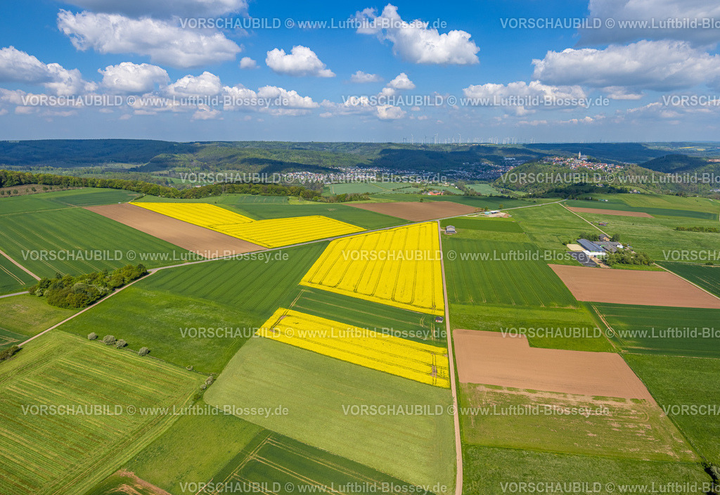 Marsberg240504118 | Luftbild, weites Land Naturschutzgebiet Galgenberg, Rapsfelder und grüne Wiesen, Fernsicht mit blauem Himmel und Wolken, kachelförmige Strukturen Wiesen und Feldern, hinten Berg Obermarsberg und Windräder, Obermarsberg, Marsberg, Sauerland, Nordrhein-Westfalen, Deutschland