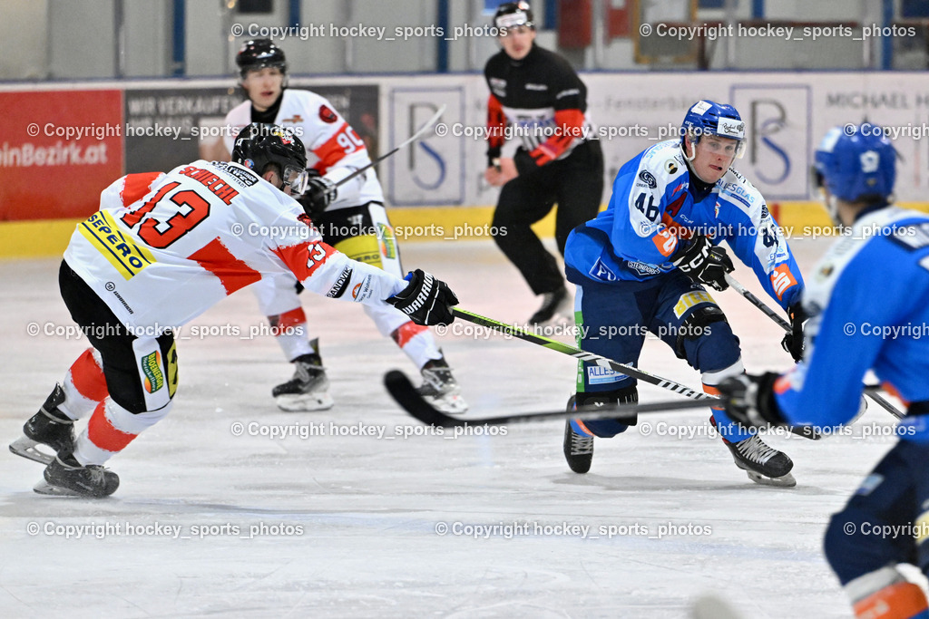 ESC SPARKASSE STEINDORF vs. EV ZELTWEG MURTAL LIONS | #13 Schiech Thomas EV ZELTWEG MURTAL LIONS, #46 Maurer Julian ESC Steindorf, ESC SPARKASSE STEINDORF vs. EV ZELTWEG MURTAL LIONS, ESC SPARKASSE STEINDORF vs. EV ZELTWEG MURTAL LIONS am 27.12.2025 in Steindorf (Ossiachersee Halle), Austria, (Photo by Bernd Stefan)