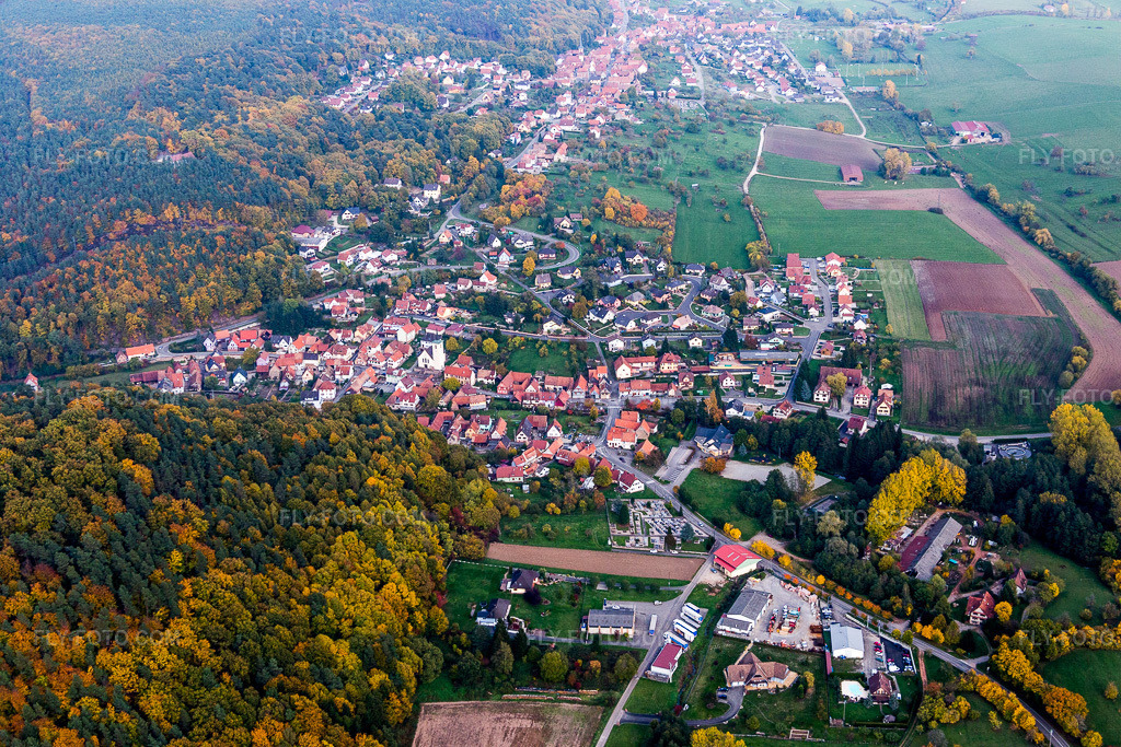 Aerial view: Agricultural fields and arable land in Rothbach in the state Bas-Rhin, France.Photo: IMG_084817.jpg taken on 10/24/2015 by Werner Riehm/FLY-FOTO.comResolution of the original: 5472 x 3648 px
