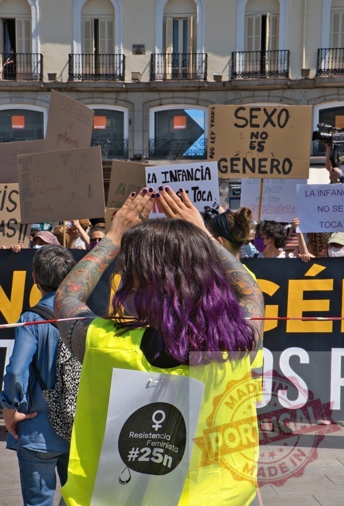 Feminist protest against gender law in Madrid, Spain | Woman with purple hair attending a strong feminist demonstration in Madrid - Realisiert mit Pictrs.com