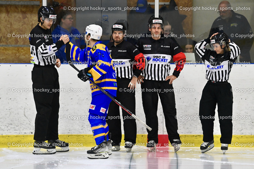 EHC Althofen vs. ESC Steindorf 6.3.2024 | Telesklav Fabio Referee, Widmann Florian Referee, Dreier Alexander Referee,Klemm Anja Referee, #67 Schettina Kevin EHC Althofen, EHC Althofen vs. ESC Steindorf 6.3.2024, EHC Althofen vs. ESC Steindorf am 06.03.2024 in Althofen (Stadthalle Althofen ), Austria, (Photo by Bernd Stefan)