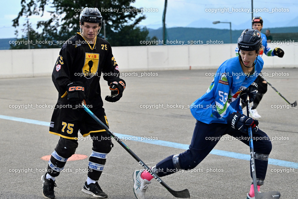 ASKÖ Hockey Villach vs. VAS Ballhockey  | #75 Wohlfahrt Benedikt VAS Villach, #53 NINDLER Elias ASKÖ Villach Hockey, ASKÖ Hockey Villach vs. VAS Ballhockey , ASKÖ Hockey Villach vs. VAS Ballhockey  am 06.07.2025 in Villach (Alpen Arena ), Austria, (Photo by Bernd Stefan)