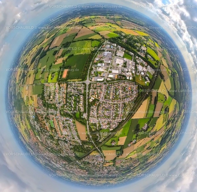 Ahlen230890097 Gewerbegebiet West | Luftbild, Gewerbegebiet Ahlen-West, Wohnsiedlung zwischen Am Morgenbruch und Steinbrückenkamp, Erdkugel, Fisheye Aufnahme, Fischaugen Aufnahme, 360 Grad Aufnahme, tiny world, Ahlen, Ruhrgebiet, Nordrhein-Westfalen, Deutschland