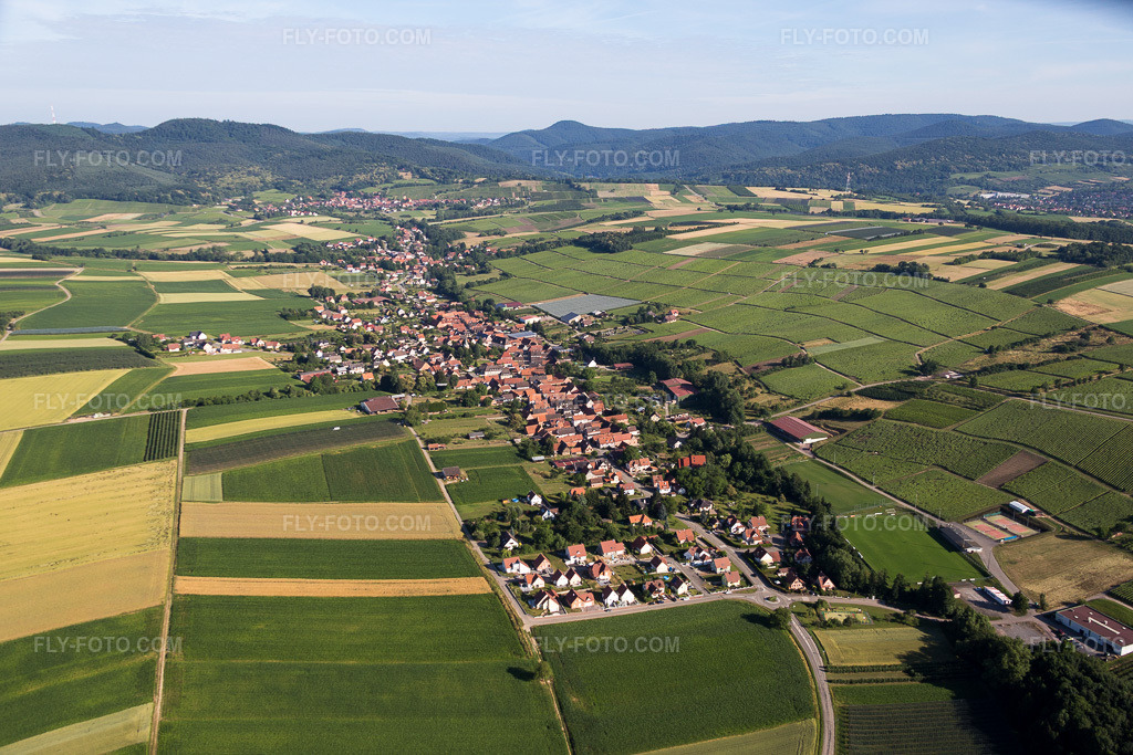 Aerial view: Agricultural fields and arable land in Steinseltz in the state Bas-Rhin, France.Photo: IMG_082992.jpg taken on 06/26/2015 by Werner Riehm/FLY-FOTO.comResolution of the original: 5472 x 3648 px