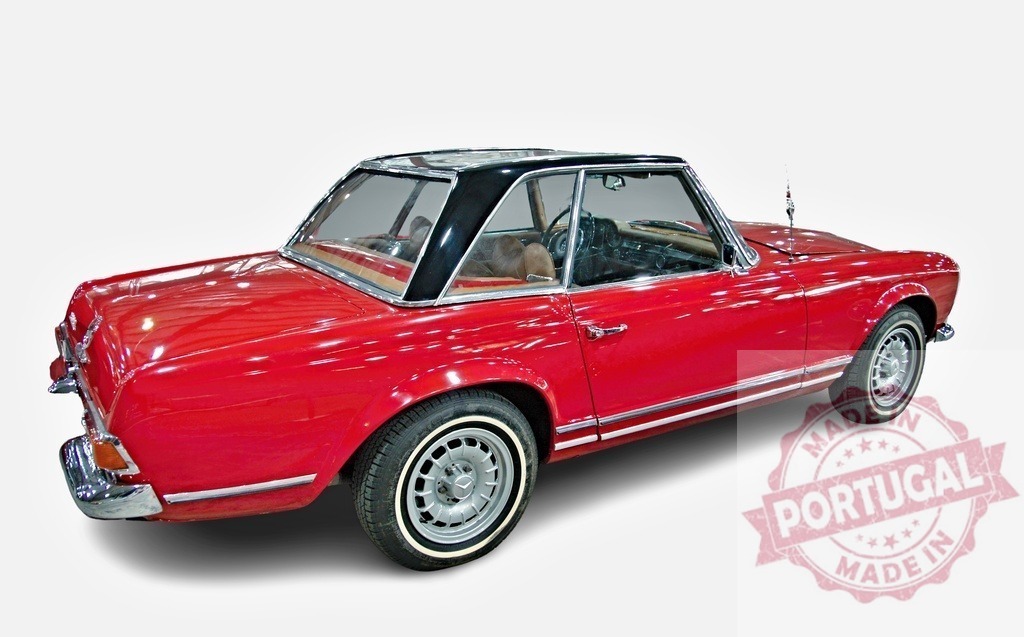 Red Mercedes-Benz 280 SL Pagoda shining in studio | Classic red Mercedes-Benz 280 SL Pagoda from the sixties parked in a studio with white background - Realized with Pictrs.com