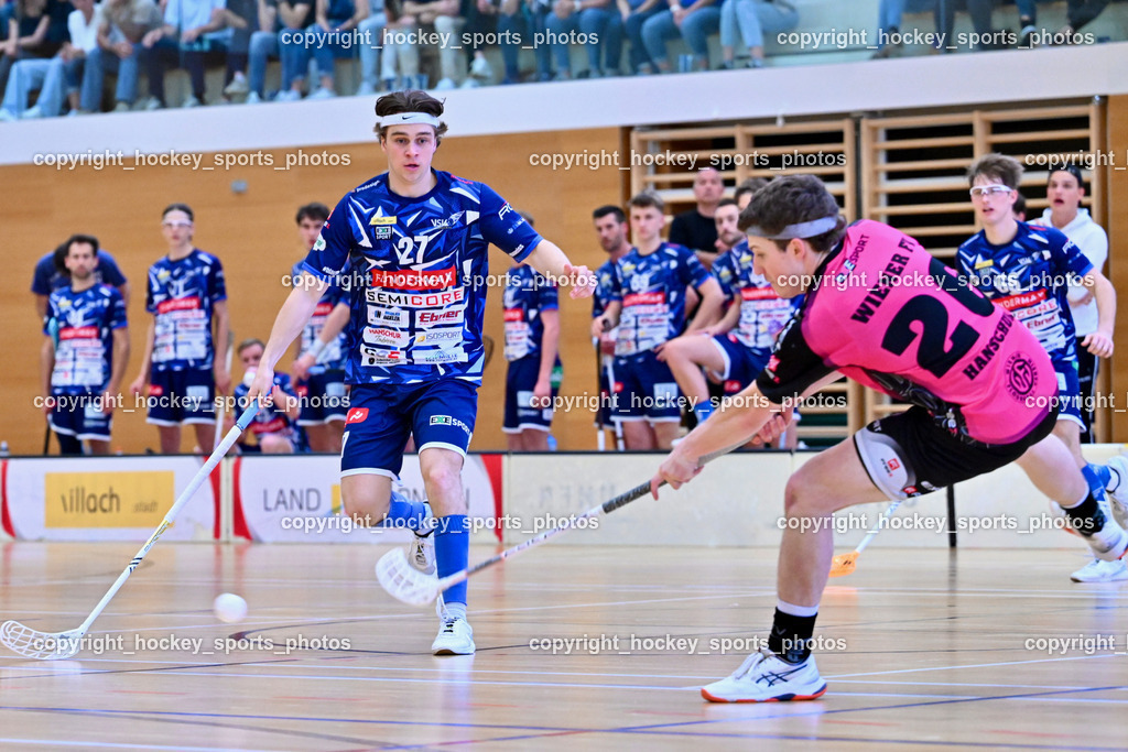 VSV Unihockey vs. Wiener Floorball Verein | #27 Lukas Floriantschitz VSV Unihockey, #26 Alexander Hanschur Wiener Floorballverin, VSV Unihockey vs. Wiener Floorball Verein, VSV Unihockey vs. Wiener Floorball Verein am 18.05.2025 in Villach (Ballspielhalle St. Martin), Austria, (Photo by Bernd Stefan)