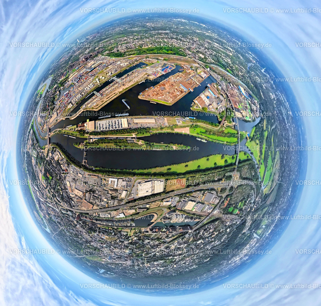 Duisburg250903949 | Luftbild, Hafen Duisburg-Ruhrort mit Ölinsel, Kohleninsel und Schrottinsel, Autobahn A59, Fluss Ruhr und Rhein-Herne-Kanal, Erdkugel, Fisheye Aufnahme, Fischaugen Aufnahme, 360 Grad Aufnahme, tiny world, little planet, fisheye Bild, Ruhrort, Duisburg, Ruhrgebiet, Nordrhein-Westfalen, Deutschland