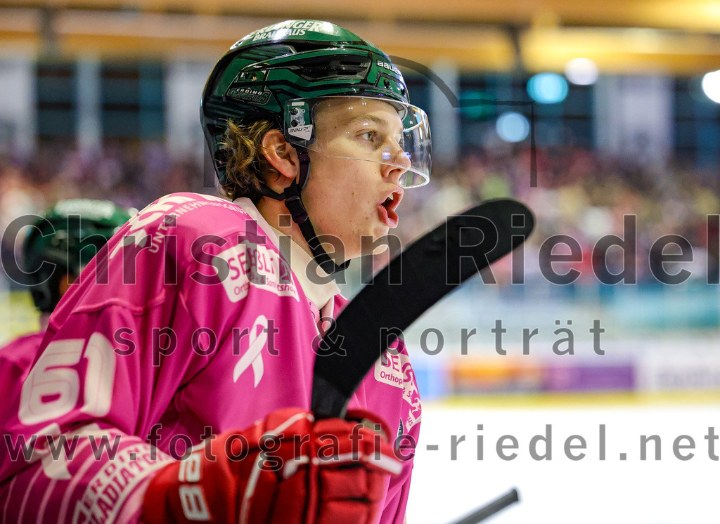 2025-10-24_042_TSV_Erding_gegen_Deggendorfer_SC | Erding, Deutschland, 24.10.2025:Eishockey, Oberliga Süd 2025 / 2026, 11. Spieltag, TSV Erding gegen Deggendorfer SC, Endergebnis: 2:4Moritz Köttstorfer (Erding Gladiators, #61)Foto: Christian Riedel / fotografie-riedel.net