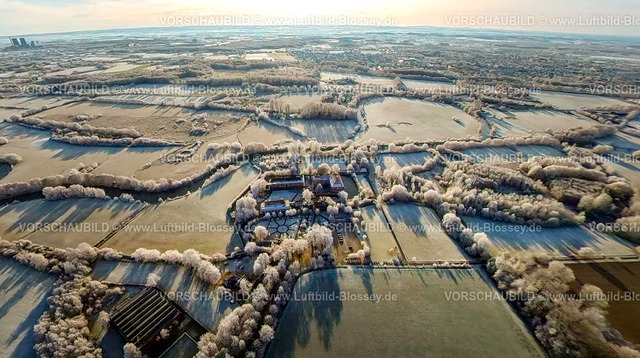 Hamm221290025LippeSchlossOberwerries | Luftbild von Hamm im Schnee, winterliches Schloss Oberwerries, Fluss Lippe, fisheye, Fisheye Aufnahme, Fischaugen Aufnahme, 360 Grad Aufnahme, Uentrop, Hamm, Ruhrgebiet, Nordrhein-Westfalen, Deutschland
