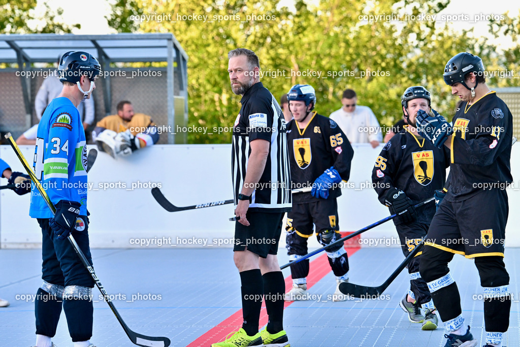 VAS Ballhockey Villach vs. ASKÖ Villach Ballhockey | #34 Prodinger Dominik SV ASKÖ Ballhockey, Maurer Anthony Referee, #65 Ortner Stefan VAS Ballhockey Villach, #95 Krumpl Kevin VAS Ballhockey Villach, #11 Potocnik Luca VAS Ballhockey Villach, VAS Ballhockey Villach vs. ASKÖ Villach Ballhockey , VAS Ballhockey Villach vs. ASKÖ Villach Ballhockey  am 13.05.2026 in Villach (Alpen Arena ), Austria, (Photo by Bernd Stefan)