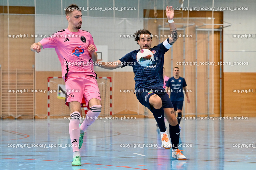 Carinthia Flamengo Futsal Club vs. LPSV-K | #2 Faris Buljubasic Carinthia Flamengo, #3 Nemanja Lukic LPSV-K, Carinthia Flamengo Futsal Club vs. LPSV-K, Carinthia Flamengo Futsal Club vs. LPSV-K am 03.11.2024 in Klagenfurt (Ballspielhalle Viktring), Austria, (Photo by Bernd Stefan)