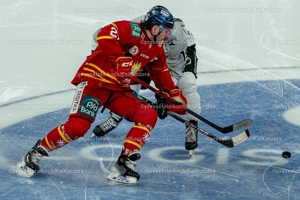 KKU24012501001 | 24.01.2025, xkkux, Eishockey, Penny DEL, Düsseldorfer EG - Kölner Haie, PSD-BANK Dome: Brendan O Donnell (DEG #21) im Zweikampf gegen Frederik Storm (Kölner Haie #19)