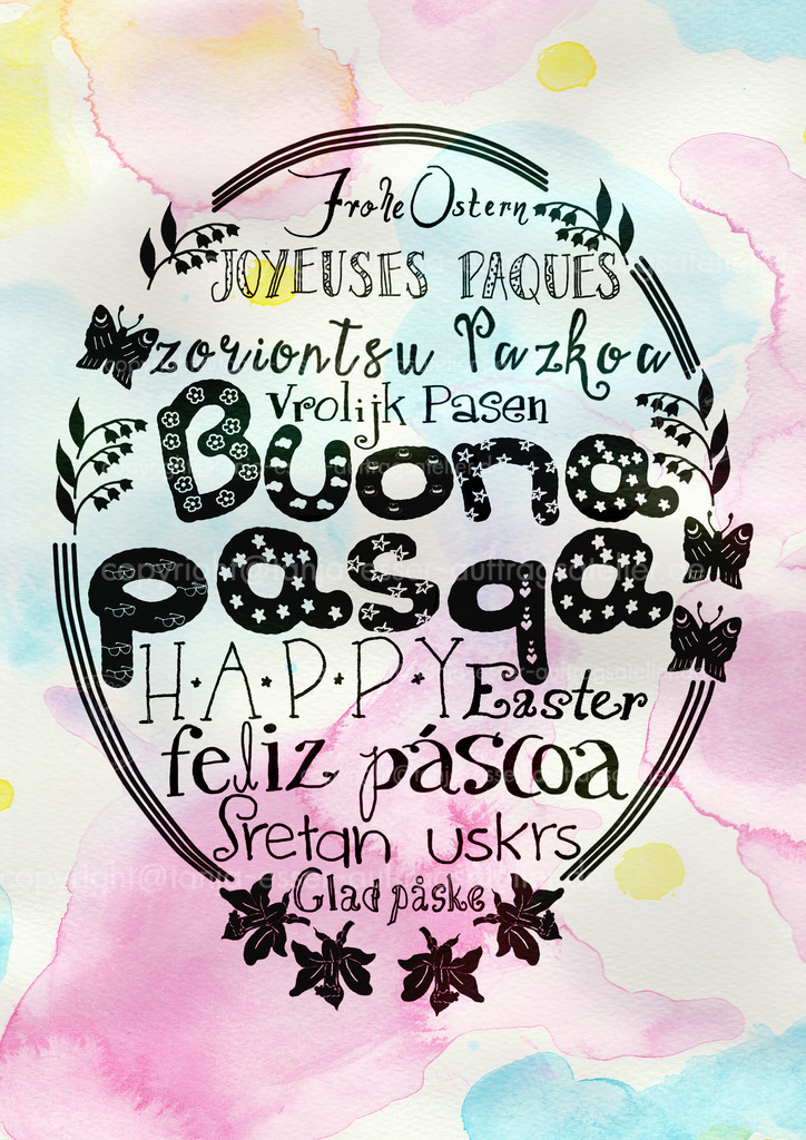 Handlettering Osterei mit Ostergruß in verschiedenen Sprachen | Aquarell Farbkleckse mit Text in verschiedenen Sprachen: Frohe Ostern. Hand Lettering. Mit Tusche gezeichnete Buchstaben und Frühlingshafte Ornamente in ovaler Form eines Ei.
