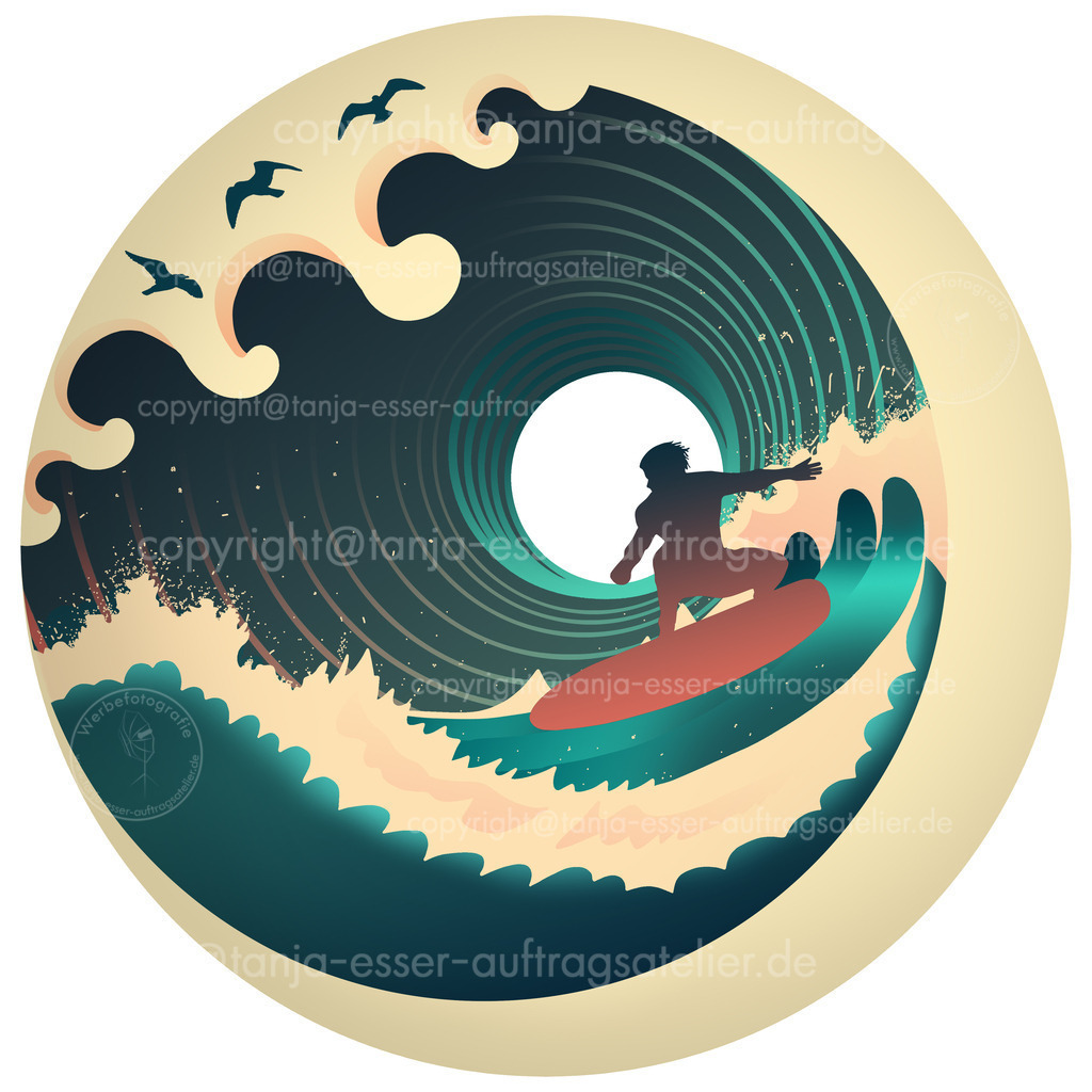 Wellen Surfer Moewen D | Surfer auf stilisierten Wellen mit Gischt in einem Kreis. Wasserkraft mit Sogwirkung. Schöne detailreiche handgemalte Illustration im Vintage Stil.