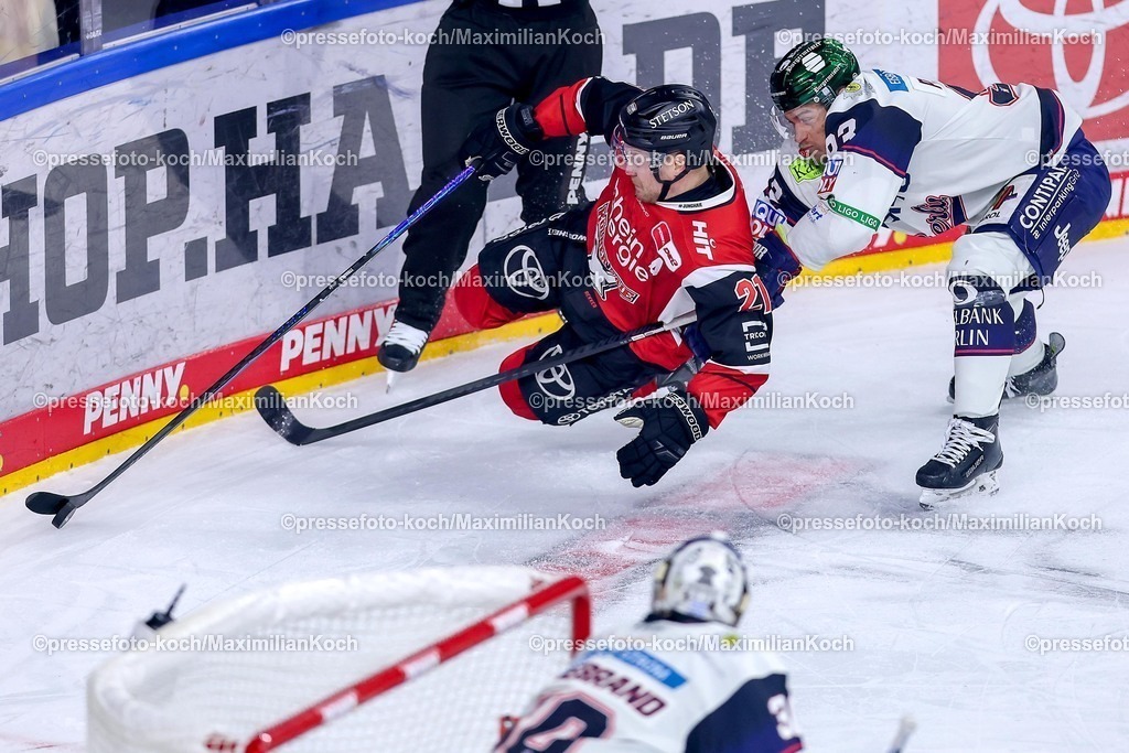 KEC15042601076 | 15.04.2026, Eishockey, DEL Halbfinale Play-Offs, Kölner Haie - Eisbären Berlin, Spiel 4, Lanxess-Arena Köln: Juhani Tyrväinen (Kölner Haie #21) fällt auf das Eis und liegt auf dem Boden im Zweikampf gegen  Leo Pföderl (Eisbären Berlin #93) 