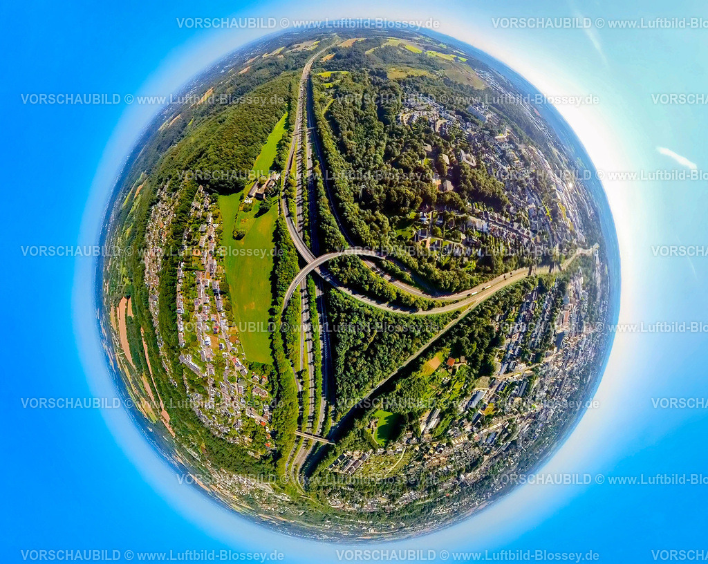 Velbert240890725_A44_A535 | Luftbild, AutobahnDreieck Velbert-Nord, Autobahn A44 und Autobahn A535, Waldgebiet, Erdkugel, Fisheye Aufnahme, Fischaugen Aufnahme, 360 Grad Aufnahme, tiny world, little planet, fisheye Bild, , Velbert, Ruhrgebiet, Nordrhein-Westfalen, Deutschland