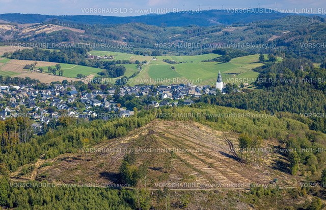 Meschede220901814 | Luftbild, Waldschäden NSG Eiserkaulen, im Hintergrund Kirche St. Johannes Evangelist, Waldgebiet Arnsberger Wald, Eversberg, Meschede, Sauerland, Nordrhein-Westfalen, Deutschland