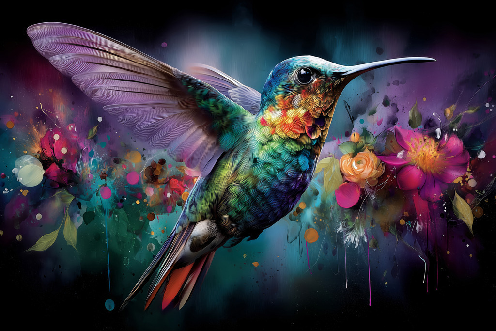 2604020 - Kolibri-Traum | Dieses Kunstwerk fängt die faszinierende Dynamik eines Kolibris im Moment des Fluges ein. Umgeben von einem Meer aus abstrakten Blüten und leuchtenden Farbakzenten, hebt sich der Vogel kontrastreich vom tiefschwarzen Hintergrund ab. Ein Spiel aus Licht und Farbe, das die Eleganz und Energie der Natur in einem modernen, malerischen Stil vereint.