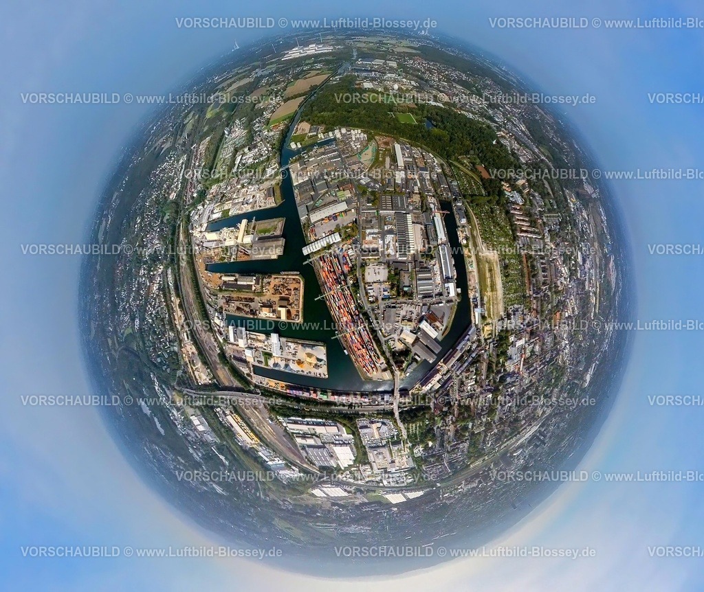 Dortmund231090058Hafen | Luftbild, Hafen Dortmund, Erdkugel, Fisheye Aufnahme, Fischaugen Aufnahme, 360 Grad Aufnahme, tiny world, Hafen, Dortmund, Ruhrgebiet, Nordrhein-Westfalen, Deutschland
