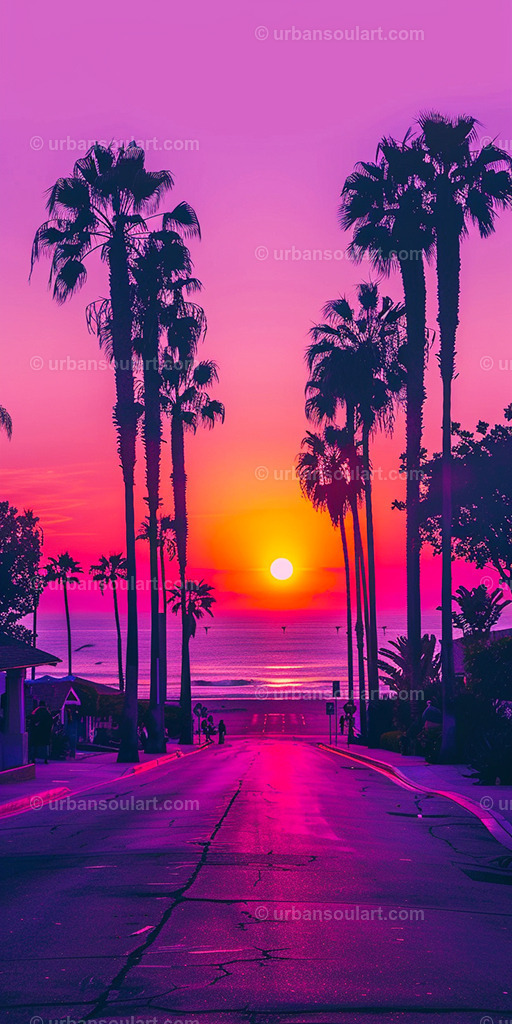 California Ocean Sunset Over Beach Palm Tree Road | A stunning view of a California sunset over a palm-lined road near the ocean. This vibrant piece brings warmth and serenity, ideal for adding a relaxed, coastal feel to your space. - Realisiert mit Pictrs.com