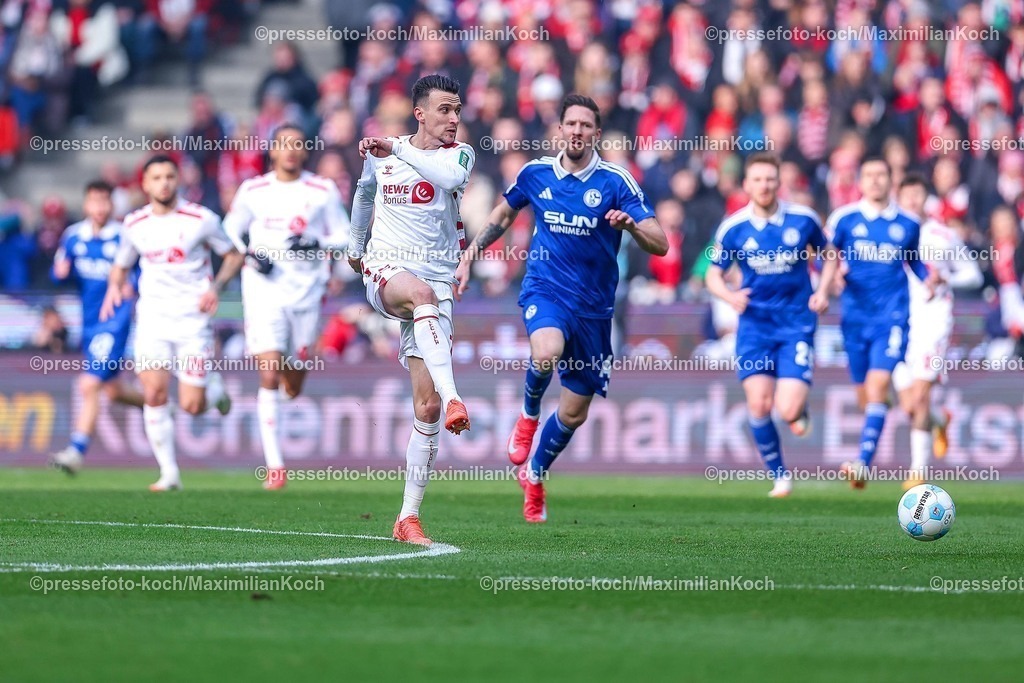 1FC09022501024 | 09.02.2025, Fußball, 1. FC Köln - FC Schalke 04, 2.. Fußball Bundesliga, 21. Spieltag, RheinEnergie-STADION, Saison 2024 2025: Leart Pacarada (FC Köln #17) im Zweikampf gegen Janik Bachmann (S04 #14)DFB regulations prohibit any use of photographs as image sequences and or quasi-video.