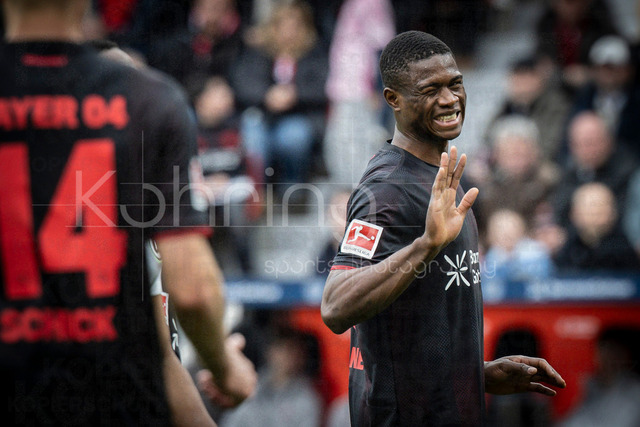 German Bundesliga, Bayer 04 Leverkusen vs. VfL Wolfsburg, 04.04.2026 | LEVERKUSEN, GERMANY - APRIL 4, 2026 :  Christian Kofane (Bayer 04 Leverkusen, 35) gestures during the German Bundesliga match on gameday 28 between Bayer 04 Leverkusen vs. VfL Wolfsburg at BayArena on April 4, 2026 in Leverkusen, Germany. DFL REGULATIONS PROHIBIT ANY USE OF PHOTOGRAPHS AS IMAGE SEQUENCES AND/OR QUASI-VIDEO.