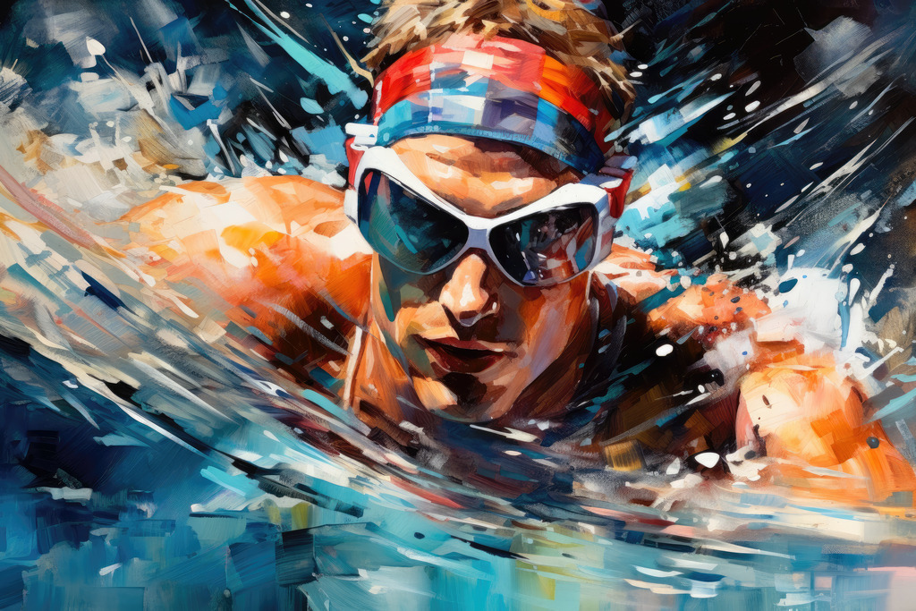 2307120 - Der Schwimmer | Bestellen Sie dieses Motiv eines Schwimmers als Kunstdruck auf Leinwand, Acrylglas, Alu-Dibond, Akustikbild oder als Poster. Unsere digitalen Gemälde wirken mit täuschend echten Pinselstrichen wie von Hand gemalt.