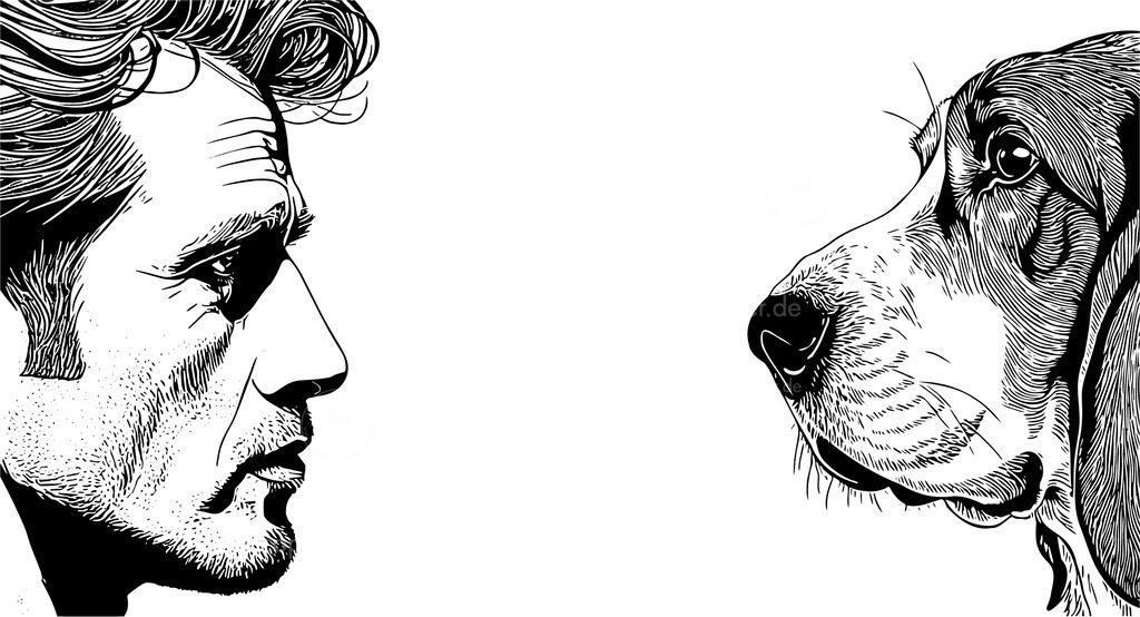 Seitliches Portrait Mann und sein Hund | Ein Mann schaut seinen Hund an, einen Bassett. Die seitlichen Portraits der Beiden im Vergleich. Das Bild zeigt wie das Verhältnis der beiden ist. 