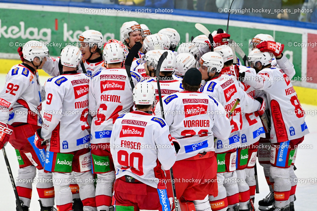 EC IDM WÄRMEPUMPEN VSV vs. EC KAC | Jubel EC KAC Mannschaft, #92 Unterweger Clemens EC KAC, #32 Dahm Sebastian EC KAC, #41 Jensen Aabo Jesper EC KAC, #82  Nickl Thimo EC KAC, #26 Lam Oliver EC KAC, #27 Hundertpfund Thomas EC KAC, #90 Fraser Matthew EC KAC, #89 Herburger Raphael EC KAC, EC IDM WÄRMEPUMPEN VSV vs. EC KAC, EC IDM WÄRMEPUMPEN VSV vs. EC KAC am 02.02.2025 in Villach (Stadthalle Villach), Austria, (Photo by Bernd Stefan)