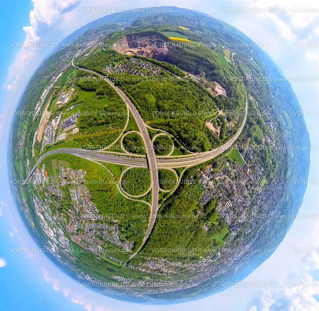 Hagen230520037AutobahnkreuzA45A46 | Luftbild, Autobahnkreuz Hagen, Autobahn A45 und Autobahn A46, Steinbruch Donnerkuhle Hagen Halden, Erdkugel, Fisheye Aufnahme, Fischaugen Aufnahme, 360 Grad Aufnahme, Lennetal, Hagen, Sauerland, Nordrhein-Westfalen, Deutschland