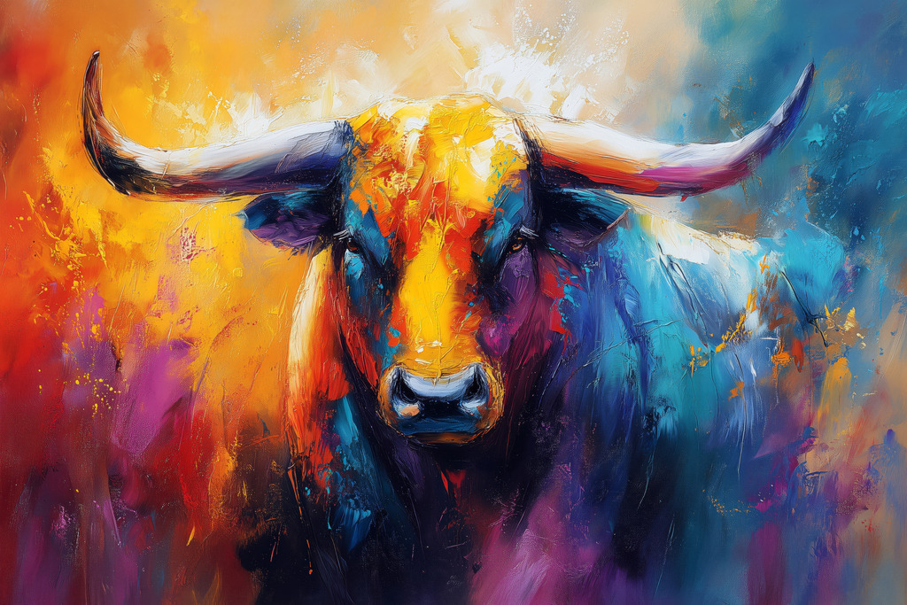 2507015 - Moderner bunter Stier | Moderne Wandbilder auf Leinwand, Acylglas, Alu-Dibond oder als Poster. Tauchen Sie ein in die Welt KI-generierter Kunstwerke - entdecken Sie hochwertige Kunstdrucke unserer Gemälde, Illustrationen und fotorealistischen Motive.