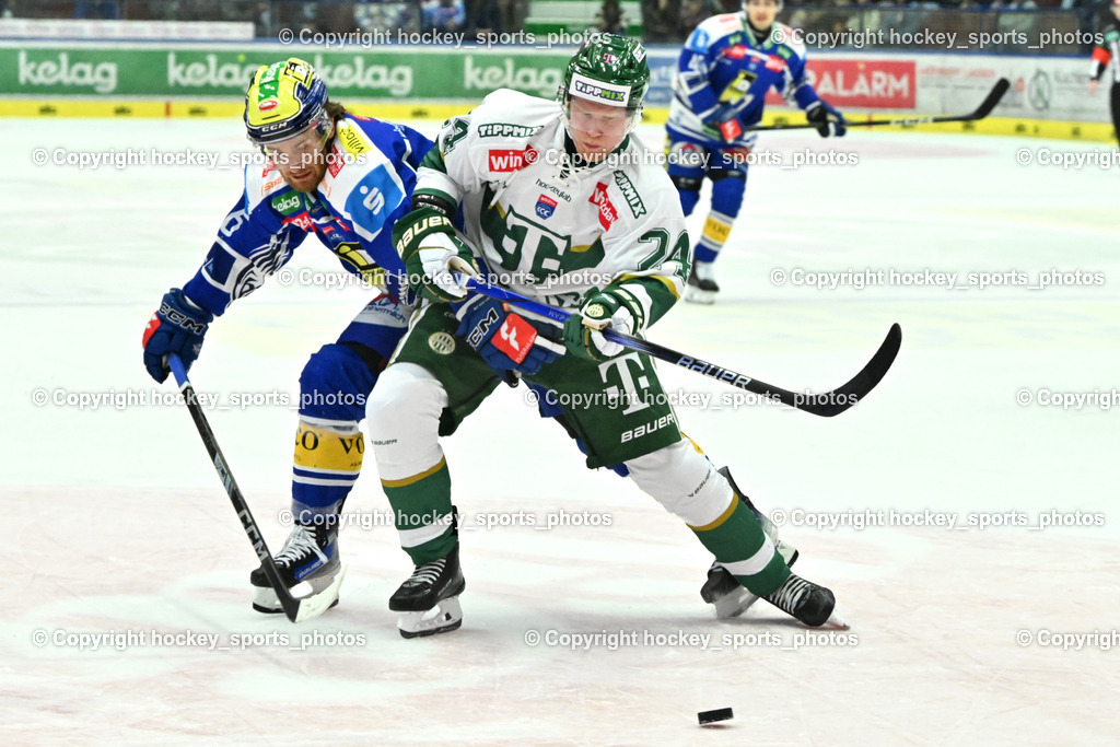 EC IDM WÄRMEPUMPEN VSV vs. FTC-TELEKOM JÉGKORONG | #16 Kevin Hancock EC VSV, #24 Valtteri Koskela FTC-Telekom, EC IDM WÄRMEPUMPEN VSV vs. FTC-TELEKOM JÉGKORONG, EC IDM WÄRMEPUMPEN VSV vs. FTC-TELEKOM JÉGKORONG am 19.10.2025 in Villach (Stadthalle Villach), Austria, (Photo by Bernd Stefan)