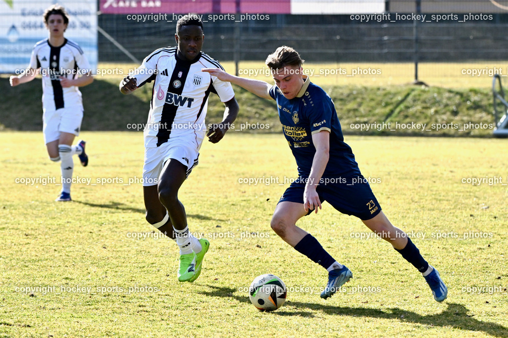ATUS Velden vs. SPG LASK Amateure OÖ | #23 Ralph Roman Scheer ATUS Velden, #16 Vincent Jonah Augustus LASK Amateure, ATUS Velden vs. SPG LASK Amateure OÖ, ATUS Velden vs. SPG LASK Amateure OÖ am 07.03.2026 in Velden (Wald Arena Velden), Austria, (Photo by Bernd Stefan)